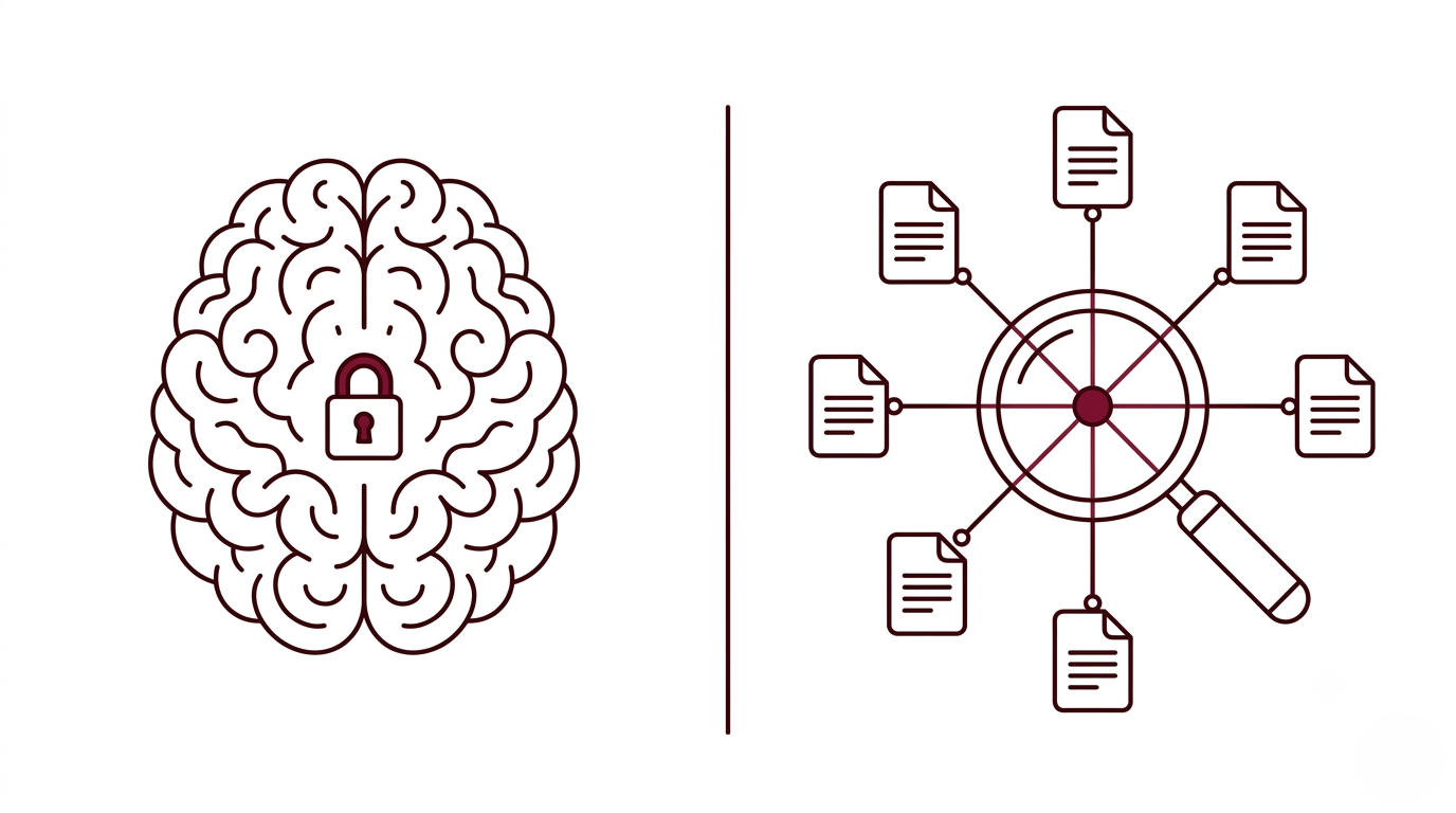 Diagram contrasting the LLM model (frozen memory) with the answer system that searches the web